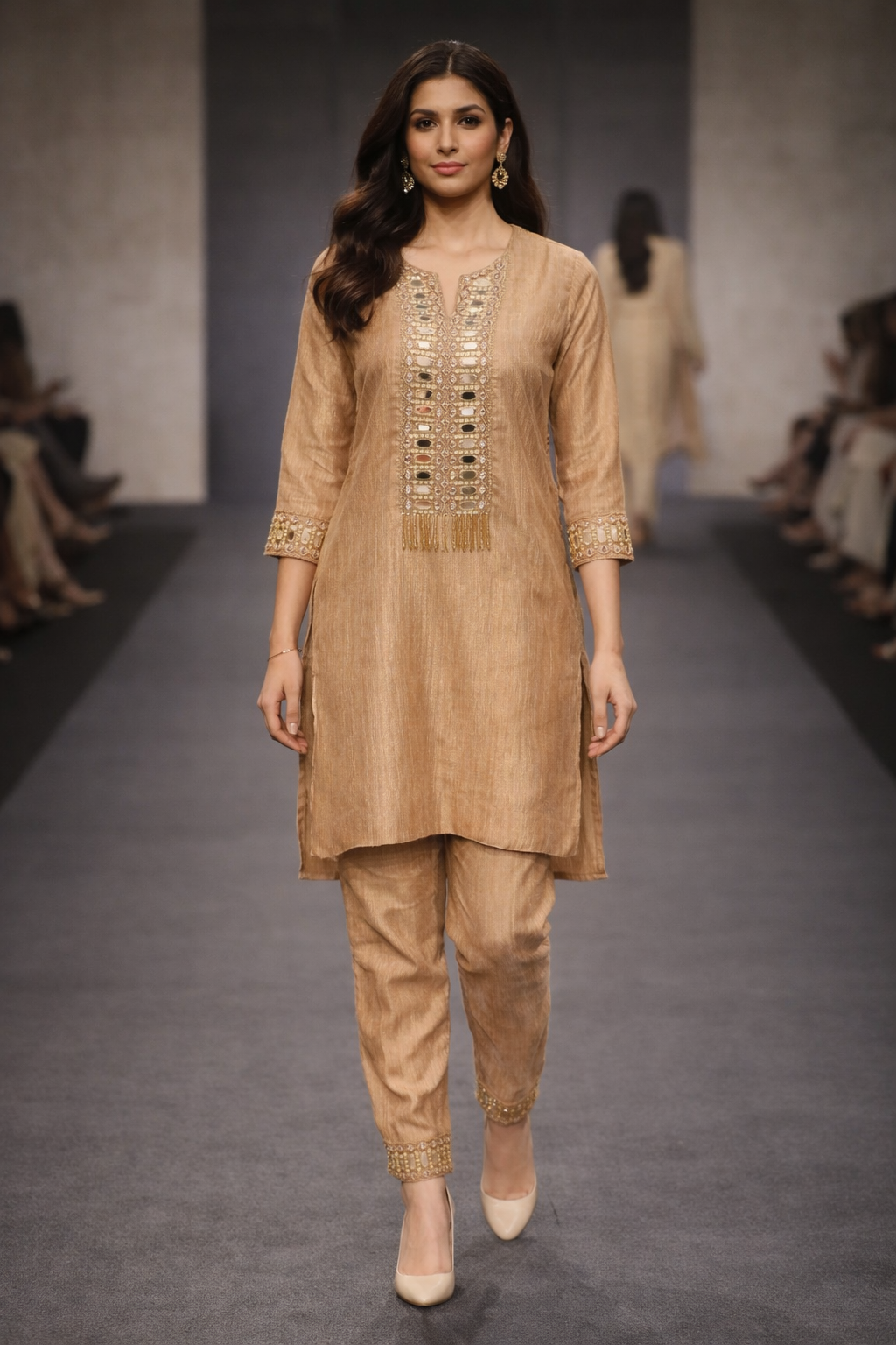 Women's Golden Beige Crush Tissue Kurta Pant Set